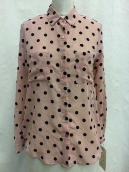 American Apparel, Dusty Pink, Black, Polyester, Polka Dots, Sheer, Button Front, Collar Attached,  Long Sleeves, 2 Pockets,