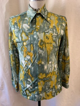 JC PENNEY, Sage Green, Dk Green, White, Yellow, Polyester, Abstract , Marble Pattern, Collar Attached, Button Front, Long Sleeves