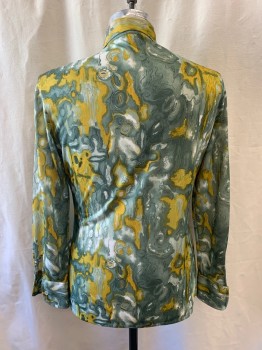 JC PENNEY, Sage Green, Dk Green, White, Yellow, Polyester, Abstract , Marble Pattern, Collar Attached, Button Front, Long Sleeves