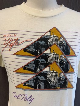 N/L, Ecru, Cotton, Polyester, Novelty Pattern, Graphic Rolls Royce In Triangle With "Movin' In Style, Cal Poly" Text, S/S, CN,