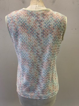 NO LABEL, Off White, Lt Yellow, Red, Blue, Polyester, Zig-Zag , Tank Top, Sheer