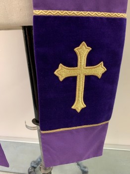 HAFTINA, Purple, Gold, Polyester, Solid, Floral, STOLE, Dark Purple Velour, Gold Cross And Embroidery
