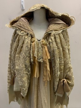 N/L, Gold, Synthetic, Leaves/Vines , Lace and Netting Over Chenille Weave, 2 Gold Buttons with Ribbons at Neck But Closes with Hook & Eye, Hood, Silk Ribbons on Sleeves, Inner Cape Ties