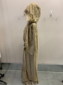 N/L, Gold, Synthetic, Leaves/Vines , Lace and Netting Over Chenille Weave, 2 Gold Buttons with Ribbons at Neck But Closes with Hook & Eye, Hood, Silk Ribbons on Sleeves, Inner Cape Ties