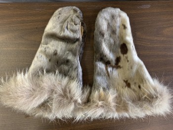 N/L, Beige, Brown, Ivory White, Fur, Leather, Mittens, Seal Fur, Fluffy Fur At Edge, Leather Palms, Felt Lined, Made To Order,