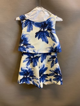 KEEPSAKE, White, Blue, Polyester, Elastane, Floral, Attached Over Top For 2 Piece Look, Round Neck, Sleeveless, Zip Back