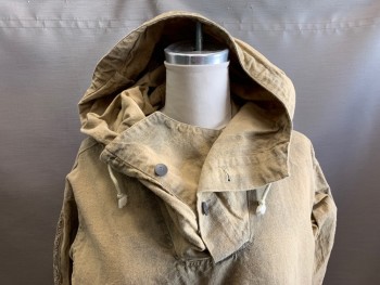 N/L, Beige, Brown, Cotton, Aged/Distressed,  Hood, Pullover, Pockets, Metallic 'Computer Chip" Graphic On Sleeve See Detail Photo,