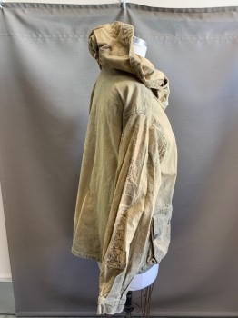 N/L, Beige, Brown, Cotton, Aged/Distressed,  Hood, Pullover, Pockets, Metallic 'Computer Chip" Graphic On Sleeve See Detail Photo,