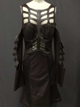 Chocolate Brown, Rubber, Polyester, Solid, Open Work, Pleated Bust, Open Shoulders, Long Sleeves,