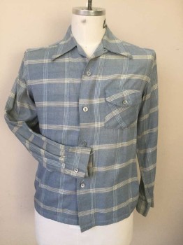 N/L, Lt Blue, White, Cotton, Stripes, Heathered, Heathered Light Blue with Triple Windowpane Stripes, Long Sleeves, Button Front, Collar Attached, 1 Flap Pocket