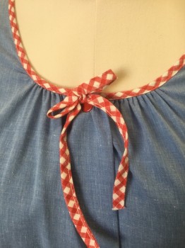 CAPER COAT, Lt Blue, Red, White, Polyester, Cotton, Solid, Gingham, Red and White Gingham Edging at Round Neck, 2 Patch Pockets at Hips, Tiny Bow Detail at Pockets and Center Front Neck, Red Snap Closures at Front, Short Sleeves, Knee Length,  **Barcode Located Behind Pocket