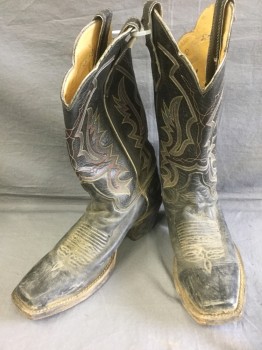 N/L, Faded Black, Orange, Yellow, Teal Green, Purple, Leather, Dusty/Faded Black Leather with Multicolor (Orange, Yellow, Teal and Purple) Western Embroidery, Square Toe, 1.5" Cuban Heel, Scallopped Leg Opening, Calf Length **Very Dirty/Scuffed Throughout