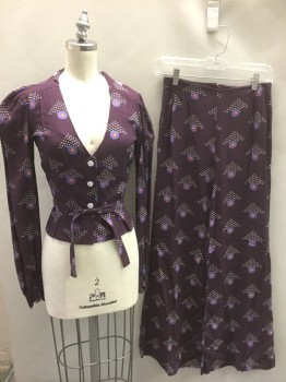 PLAIN JANE, Dk Purple, Blue, Cream, Purple, Yellow, Rayon, Geometric, Dark Purple with Abstract Triangles of Cream Dots, Bullseye Circles with Blue, Purple and Yellow, Long Sleeve Top, V-neck, 3 Cream Buttons, Sailor Style Collar, Self Belt Ties at Waist,