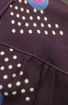 PLAIN JANE, Dk Purple, Blue, Cream, Purple, Yellow, Rayon, Geometric, Dark Purple with Abstract Triangles of Cream Dots, Bullseye Circles with Blue, Purple and Yellow, Long Sleeve Top, V-neck, 3 Cream Buttons, Sailor Style Collar, Self Belt Ties at Waist,