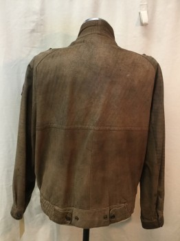 ADVENTURE BOUND, Brown, Leather, Solid, Asymmetrical Zip Front, Snap at Front of Surplice Stand Collar, Epaulets, Elastic Side Waist, Snap Tabs at Back Waist, 2 Pockets, Shoulder Pads