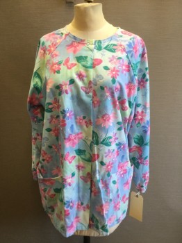 WHITE SWAN, Lt Blue, Pink, Emerald Green, Poly/Cotton, Floral, Crew Neck, Snap Front, Raglan Long Sleeves,  Elastic  Cuffs 2 Pockets,