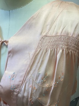 N/L, Peachy Pink, Silk, Floral, Solid, Silk Satin Pajama Top, Cap Sleeves, Self Tie at Neck, with Open Keyhole at Bust, Peach and Light Blue Subtle Floral Embroidery at Chest, Self Ties at Waist, Smocked Detail at Upper Chest
