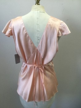 N/L, Peachy Pink, Silk, Floral, Solid, Silk Satin Pajama Top, Cap Sleeves, Self Tie at Neck, with Open Keyhole at Bust, Peach and Light Blue Subtle Floral Embroidery at Chest, Self Ties at Waist, Smocked Detail at Upper Chest