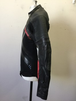 MTO, Black, Red, Silver, Leather, Color Blocking, Motorcycle Shrug, Nicely Aged, Zipper Forearms, Quilted Shoulders and Elbows, Velcro and Hook & Eyes Attaches to Bodysuit. Multiple