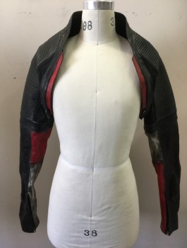 MTO, Black, Red, Silver, Leather, Color Blocking, Motorcycle Shrug, Nicely Aged, Zipper Forearms, Quilted Shoulders and Elbows, Velcro and Hook & Eyes Attaches to Bodysuit. Multiple