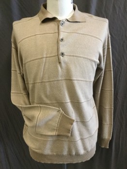 ALBERTINI, Lt Brown, Cream, Brown, Cotton, Polyester, Diamonds, Stripes - Horizontal , Ribbed/knit Solid Brown Collar Attached, Long Sleeves Cuffs & Hem, 3 Button Front,