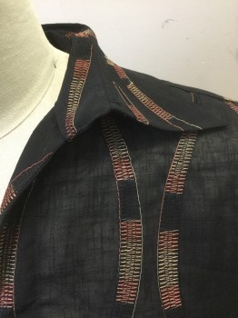 POSSI, Black, Rust Orange, Beige, Polyester, Abstract , Sheer Black Fabric with Beige and Rust Wavy Vertical Line Embroidery, Long Sleeves, Pullover, V-neck, Collar Attached,