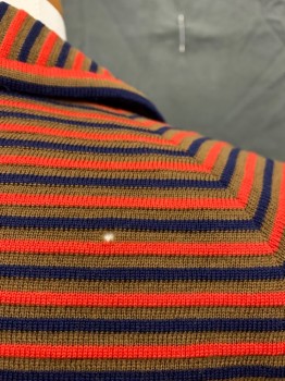 I. MAGNIN & CO, Red, Olive Green, Navy Blue, Wool, Stripes, Button Front, Double Breasted, Long Sleeves, Bal Collar,cut on Left Sleeve, Hole Right Shoulder. 3 Moth Holes Center Front,