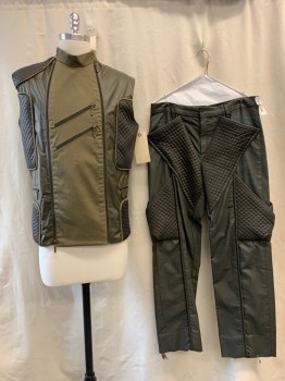 MTO, Olive Green, Dk Gray, Synthetic, Color Blocking, Zip Front, Sleeveless, Quilted Detail, 4 Zip Pockets, Double Collar Band Snap Closure