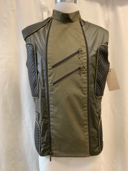 MTO, Olive Green, Dk Gray, Synthetic, Color Blocking, Zip Front, Sleeveless, Quilted Detail, 4 Zip Pockets, Double Collar Band Snap Closure