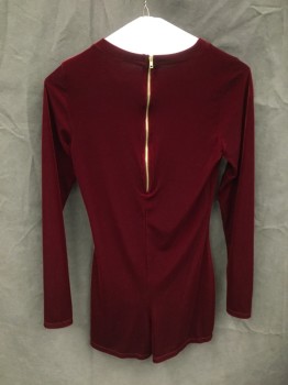 PINKILICIOUS, Cranberry Red, Polyester, Spandex, Solid, Velvet Stretch, Evening Jumpsuit, Short, Crew Neck, Long Sleeves, Zip Back