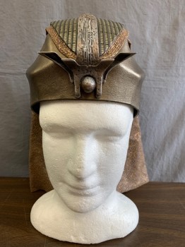MTO, Bronze Metallic, Copper Metallic, Taupe, Gray, Leather, Rubber, Geometric, Color Blocking, Egyptian Influence, Fitted Cap with Adjustable Elastic Lacing, Heavy Fabric Flounce