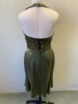 DAVE & JOHNNY, Gold, Black, Polyester, Solid, Lamé, Halter Neck, Sheer Black Panel at Waist with Gold Metallic Lace Appliques, Surplice V-neck, Knee Length, Late 1990's/2000's