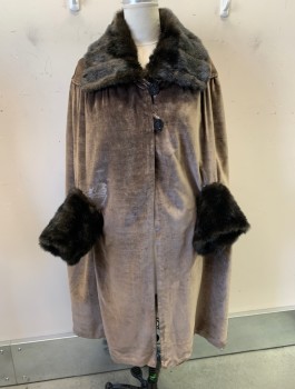 N/L, Brown, Black, Silk, Feathers, Solid, Velvet, Dark Brown Faux Fur at Neck and Arm Holes, Open at Center Front with 2 Ornate Black Buttons with Loop Closures at Neck, Cream Silk Satin Lining,