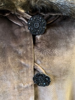 N/L, Brown, Black, Silk, Feathers, Solid, Velvet, Dark Brown Faux Fur at Neck and Arm Holes, Open at Center Front with 2 Ornate Black Buttons with Loop Closures at Neck, Cream Silk Satin Lining,