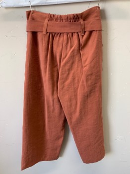 ZARA, Rust Orange, Cotton, Solid, Culottes, Zip Front, Ruched Elastic Waistband in Back, Detached Tie Belt, 2 Side Pockets