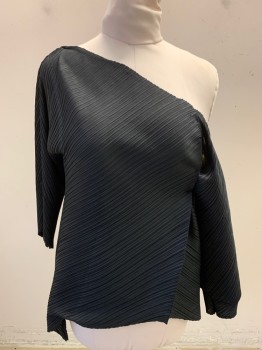 NL, Black, Polyester, Solid, Asymmetrical Bateau/Boat Neck, Off Center Back Seam, 3/4 Sleeves, Deep Chemical Pleating, Wrap Illusion, Curved Hem