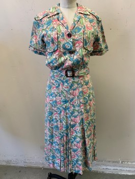 N/L MTO, Multi-color, Ecru, Turquoise Blue, Pink, Green, Cotton, Floral, Made To Order, Shirtwaist, S/S, Collar Attached, Brown Piping Trim, 2 Patch Pockets at Bust, Knife Pleats at Hem, Knee Length, with Matching Belt (Barcode CF033454)