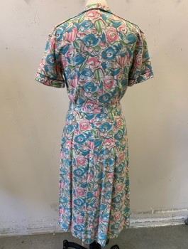 N/L MTO, Multi-color, Ecru, Turquoise Blue, Pink, Green, Cotton, Floral, Made To Order, Shirtwaist, S/S, Collar Attached, Brown Piping Trim, 2 Patch Pockets at Bust, Knife Pleats at Hem, Knee Length, with Matching Belt (Barcode CF033454)