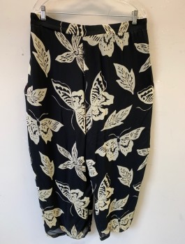 GIVENCHY EN PLUS, Black, Cream, Polyester, Novelty Pattern, Leaves/Vines , Palazzo Pants, Chiffon with Butterflies, Leaves and Flowers Pattern, 1.5" Wide Self Waistband with Self Ties, Double Pleats, 2 Side Pockets, Wide Leg