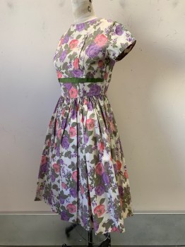Bonnie Blair, Off White, Lavender Purple, Rose Pink, Olive Green, Polyester, Floral, S/S, Crew Neck, Layered Band, Pleated, Back Zipper,