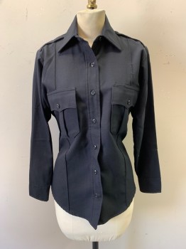 ELBECO, Navy Blue, Polyester, Collar Attached, Button Front, Long Sleeves, Epaulets, Plastic Buttons, Batwing Pocket with Pleat