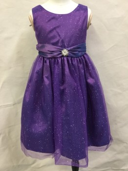 MELODY, Purple, Polyester, Solid, Purple with Glitter Tulle Overlay, Attached Sash Belt with Brooch Center Front Ties in Back, Sleeveless, Back Zipper, Round Neck,  Fluffy, Party, Cup Cake