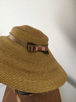 MTO, Tan Brown, Lt Brown, Champagne, Pink, Straw, Silk, Solid, Wide Brim Straw Sun Hat, Light Brown Silk Ribbon Hat Band with Lt Brown/Chocolate/Pink Side Ribbons, Brown Wide Grosgrain Strap