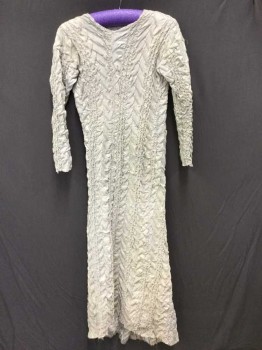 N/L MTO, White, Leather, Abstract , Smocked Textured Leather, Round Neck, Long Sleeves, Three Twill Ties In Center Back, Floor Length, Made To Order