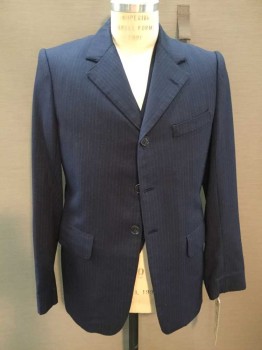 Navy Blue, Cream, Aqua Blue, Wool, Stripes - Vertical , 3 Buttons,  Notched Lapel, 3 Pockets Two with Flaps, Cutaway, Creases Where Sleeve Has Been Let Out,