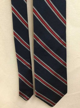 TOM JAMES, Navy Blue, Red, Gray, Black, Polyester, Stripes - Diagonal , 4 in Hand