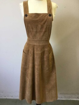 OPERA, Caramel Brown, Suede, Solid, Overall Style Top with 1.5" Wide Straps, Brown Button Closures, A-Line Skirt, Patch Pocket with 2 Compartments at Chest, 2 Patch Pockets at Hips, Hem Below Knee, Center Back Zipper,