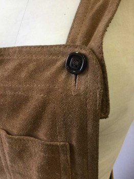 OPERA, Caramel Brown, Suede, Solid, Overall Style Top with 1.5" Wide Straps, Brown Button Closures, A-Line Skirt, Patch Pocket with 2 Compartments at Chest, 2 Patch Pockets at Hips, Hem Below Knee, Center Back Zipper,