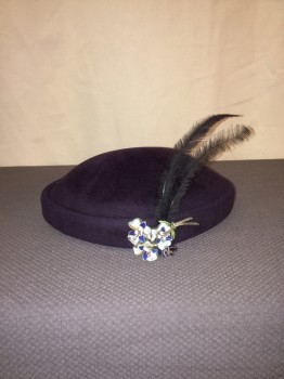 VELOUR, Plum Purple, Solid, Plum Velvet, Blue/gold Floral Broch with 2 Black Feathers,