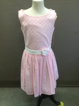 CRAZY 8, Pink, White, Cotton, Dots, Solid, Round Neck,  Sleeveless, Gather Skirt, Eyelet, Waistband Applique with Fabric Flower